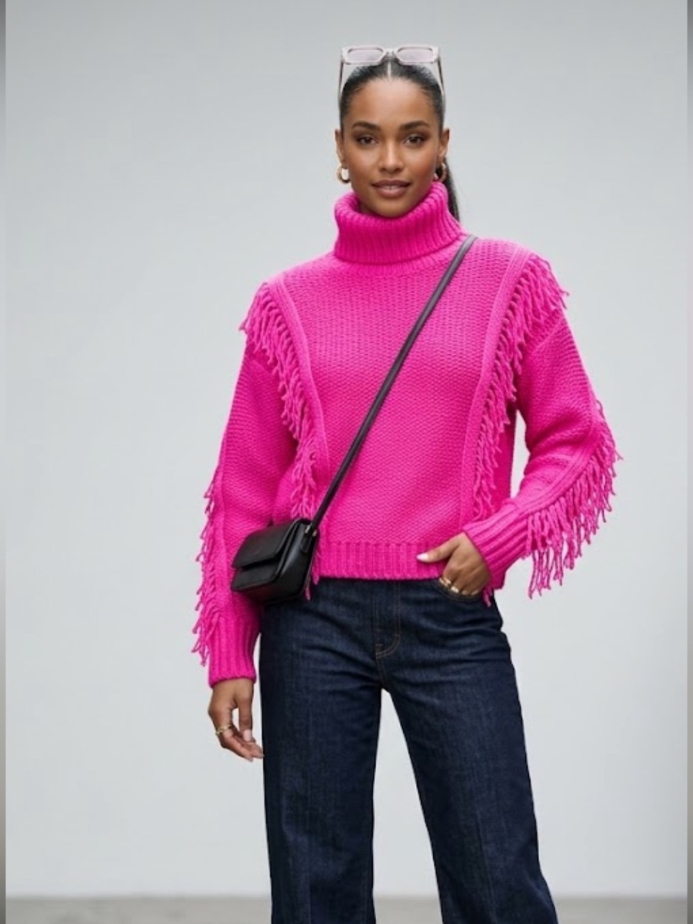 Lou & Grey Loft Bright Pink Wool Blend Fringe Turtleneck Sweater Size XS